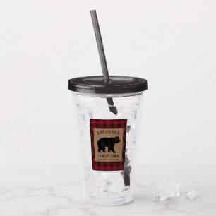 Rustic Bear Family Cabin Red Buffalo Plaid Burlap Acrylic Tumbler
