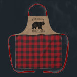 Rustic Bear Family Cabin Red Buffalo Plaid Burlap Apron<br><div class="desc">Cook, bake and BBQ in a stylish, rustic themed chef's apron with your personalised family name and cabin, lodge or other desired text and it's location or established date. This unique custom design features hand drawn style artwork of a bear on faux burlap with red buffalo plaid print. To see...</div>