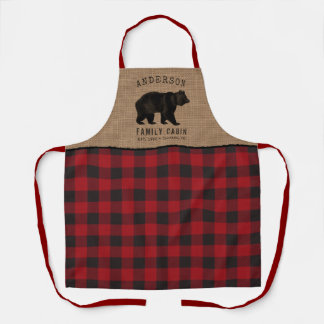 Rustic Bear Family Cabin Red Buffalo Plaid Burlap Apron