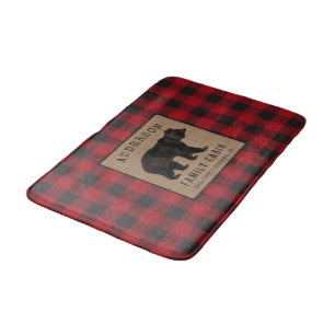 Rustic Bear Family Cabin Red Buffalo Plaid Burlap Bath Mat