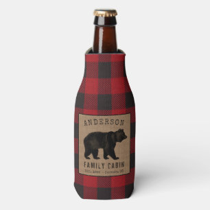 Rustic Bear Family Cabin Red Buffalo Plaid Burlap Bottle Cooler