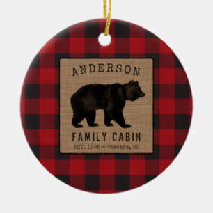 Rustic Bear Family Cabin Red Buffalo Plaid Burlap Ceramic Ornament