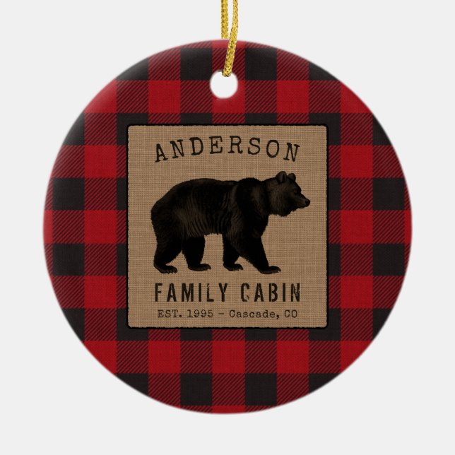 Rustic Bear Family Cabin Red Buffalo Plaid Burlap Ceramic Ornament (Front)