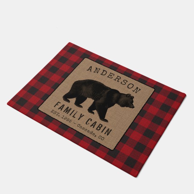 Rustic Bear Family Cabin Red Buffalo Plaid Burlap Doormat (Angled)