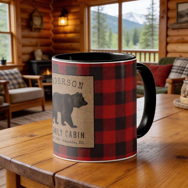 Rustic Bear Family Cabin Red Buffalo Plaid Burlap Mug (Creator Uploaded)