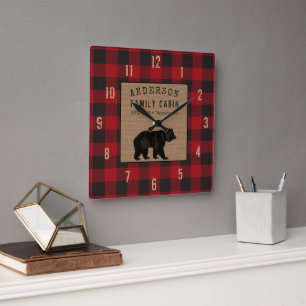 Rustic Bear Family Cabin Red Buffalo Plaid Burlap Square Wall Clock