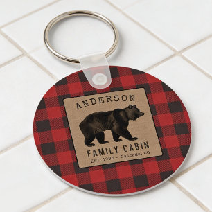 Rustic Bear Family Cabin Red Buffalo Plaid Round Key Ring