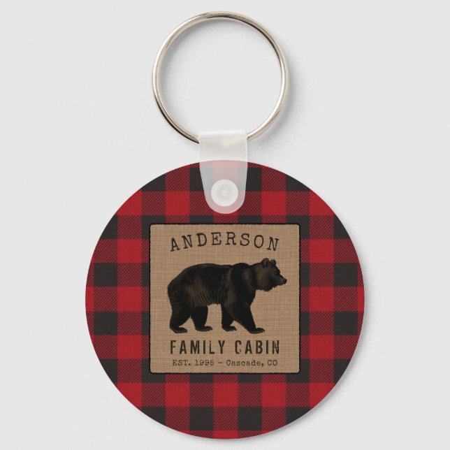 Rustic Bear Family Cabin Red Buffalo Plaid Round Key Ring (Front)