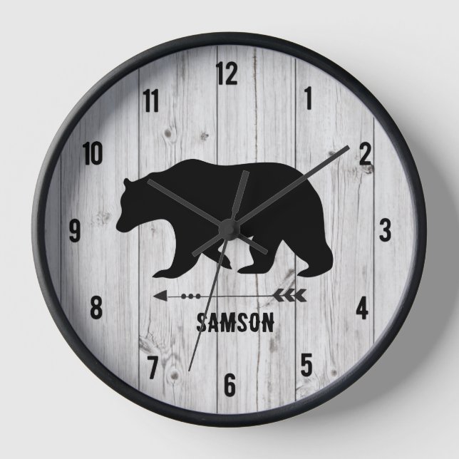 Rustic Bear Farmhouse White Plank Cabin Clock (Front)