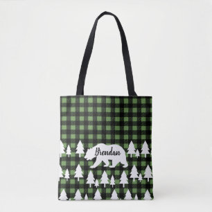 Rustic Bear Forest & Green Plaid with Name Tote Bag