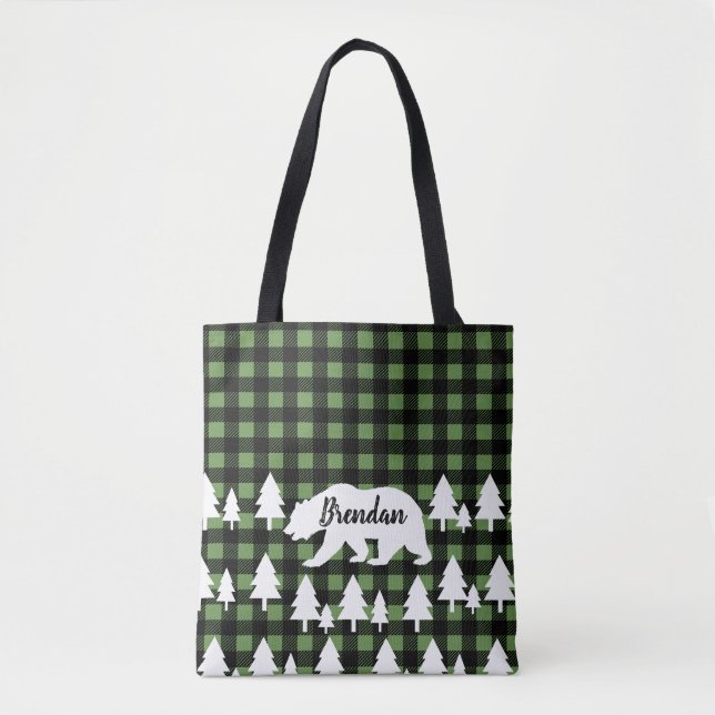 Rustic Bear Forest & Green Plaid with Name Tote Bag (Front)