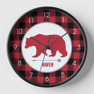 Rustic Bear Lumberjack Buffalo Plaid Red and Grey Clock