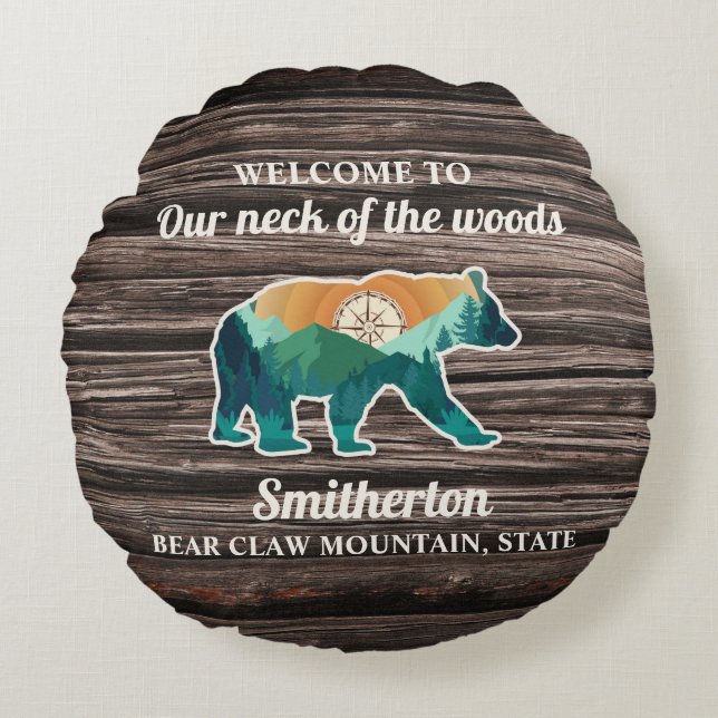Rustic Bear Mountains Compass Family Name Welcome  Round Cushion (Front)
