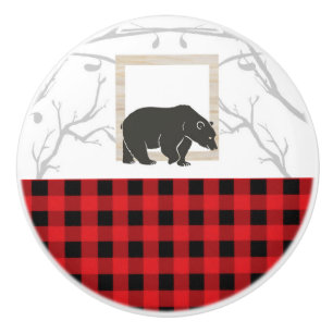 Rustic Bear & Red Buffalo Plaid Country Woods Ceramic Knob