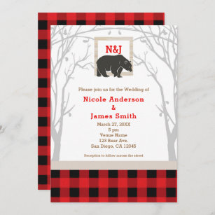 Rustic Bear & Red Plaid Woods Wedding Invitations