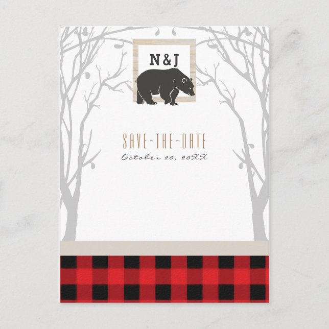 Rustic Bear Red Plaid Woods Wedding Save the Date Announcement Postcard (Front)