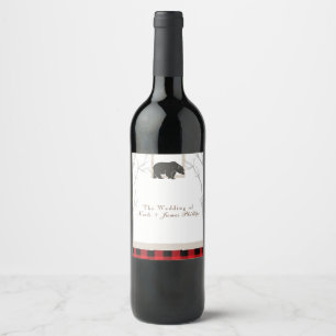 Rustic Bear & Red Plaid Woods Wedding Wine Label