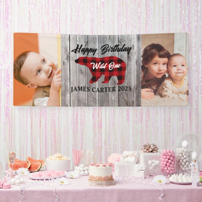 Rustic Bear Wild One Boy 1st Birthday Party Photo Banner (Party)