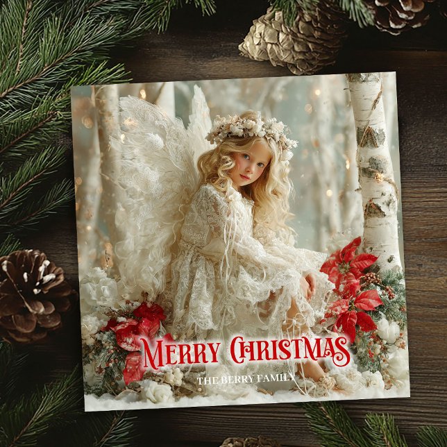Rustic beautiful angel red poinsettias seasonal  holiday card (Rustic beautiful angel red poinsettias seasonal card)