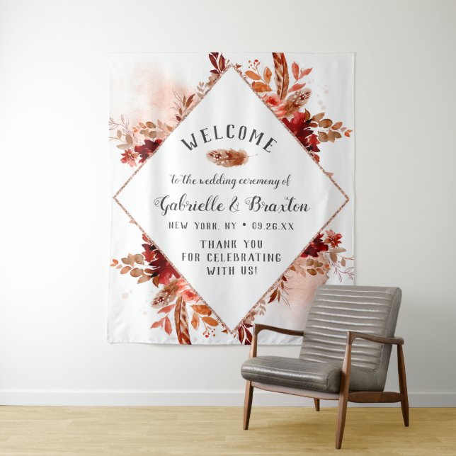Rustic Beauty Floral Framed Autumn Wedding Welcome Tapestry (In Situ)