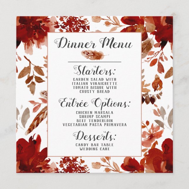 Rustic Beauty Floral Framed Watercolor Boho Chic Menu (Front)