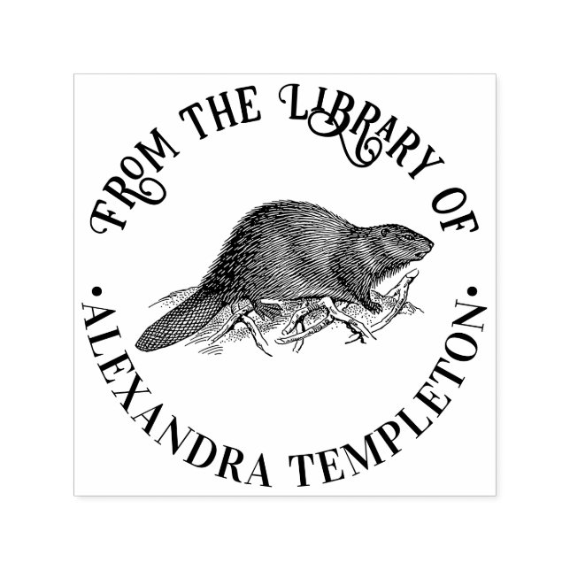 Rustic Beaver #2 Round Library Book Name Self-inking Stamp (Design)