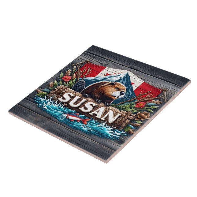 Rustic Beaver by Snowy Mountain Ceramic Tile (Side)