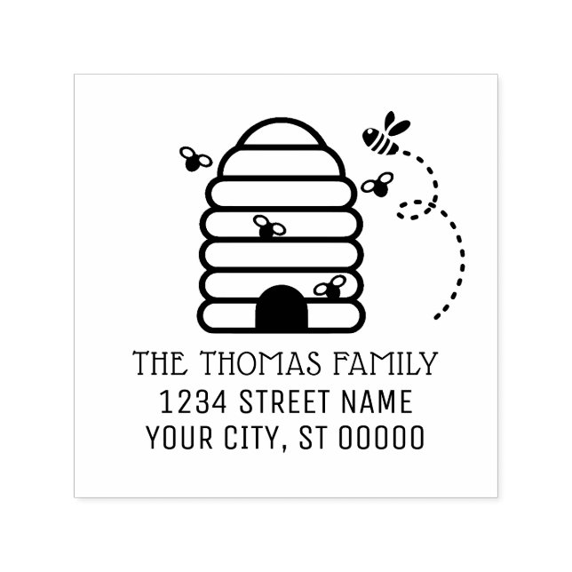Rustic Beehive and Flying Bees Name Address Self-inking Stamp (Design)