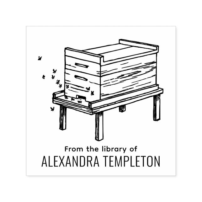 Rustic Beehive Flying Bees #4 Library Book Name Self-inking Stamp (Design)