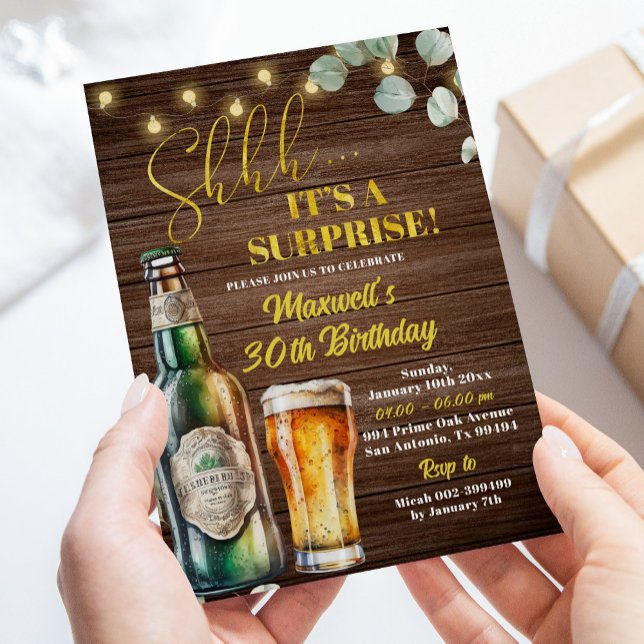 Rustic Beer Surprise Adult Birthday Party Invitation (Creator Uploaded)
