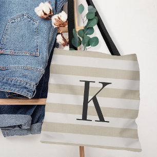 Rustic Beige and Ivory Stripes Large Monogram Tote Bag
