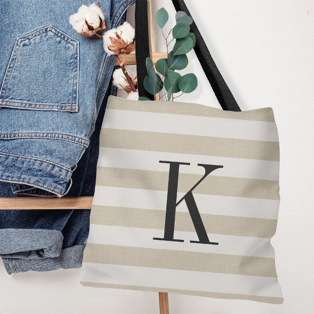 Rustic Beige and Ivory Stripes Large Monogram Tote Bag (Creator Uploaded)