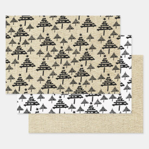Rustic Beige Black Simple Christmas Tree Pattern Wrapping Paper Sheet