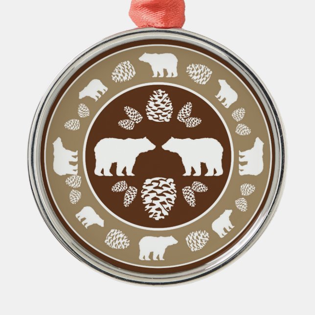 Rustic beige brown bear pinecone round ornament (Front)