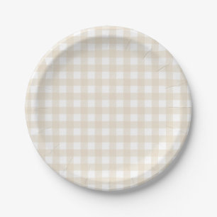 Rustic Beige Brown Gingham Matching Baby Shower Paper Plate