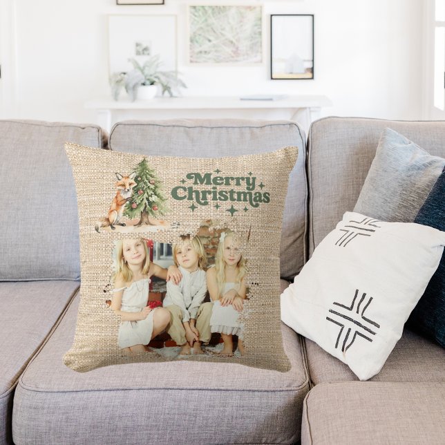 Rustic beige burlap photo fox tree green Christmas Cushion (Creator Uploaded)