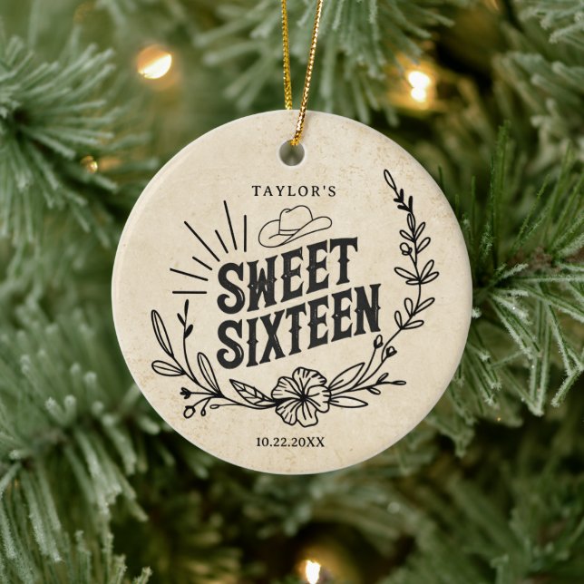 Rustic Beige Cowgirl Sweet Sixteen Photo Keepsake Ceramic Ornament (Tree)