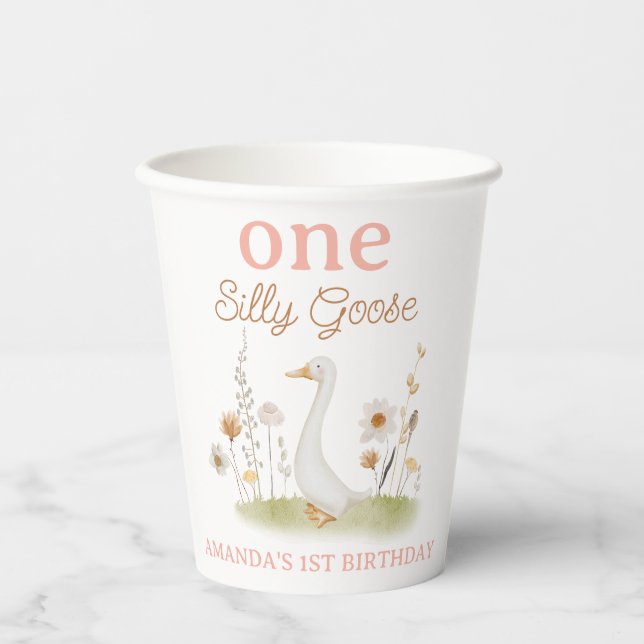 Rustic Beige Floral One Silly Goose 1st Birthday Paper Cups (Front)