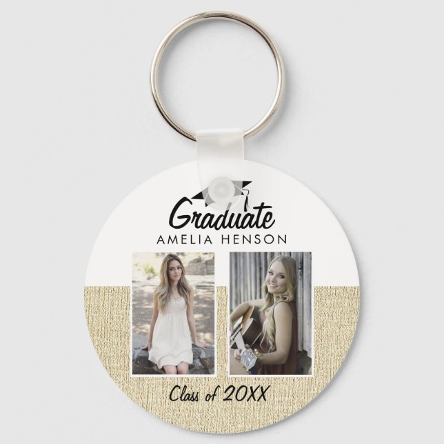 Rustic Beige Graduate Class of 2 Photo Collage Key Ring (Front)