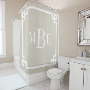 Rustic Beige Greek Key Border Monogram   Farmhouse Shower Curtain