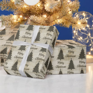 Rustic Beige Green Buffalo Check Christmas Trees Wrapping Paper