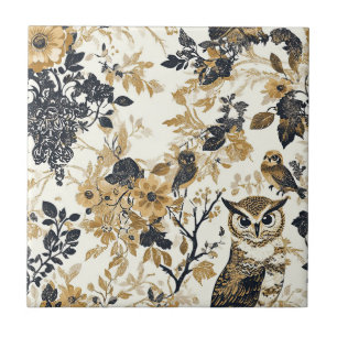 Rustic Beige Owl Woodland Floral Pattern Ceramic Tile