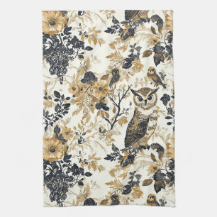 Rustic Beige Owl Woodland Floral Pattern Tea Towel