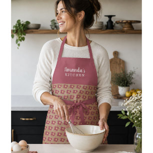 Rustic Beige Red Flower Pattern Floral Kitchen Apron