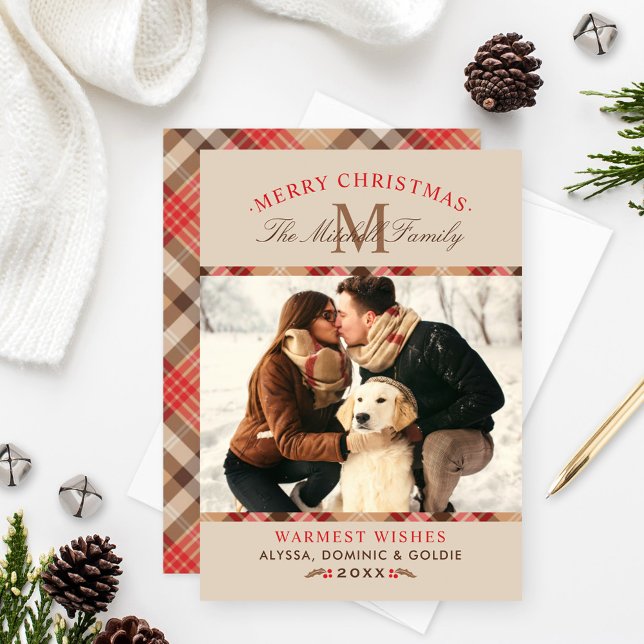 Rustic Beige Tartan Plaid Christmas Monogram Photo Holiday Card (Creator Uploaded)