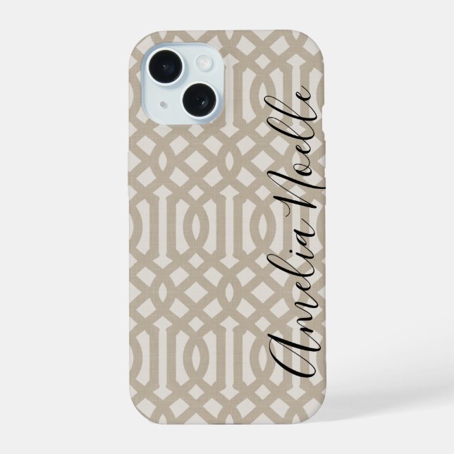 Rustic Beige Trellis Monogram iPhone 15 Case (Back)