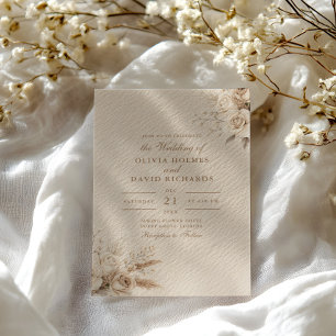 Rustic Beige White Roses Wedding Invitation