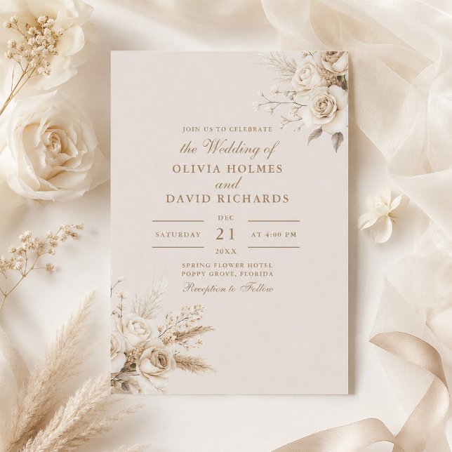Rustic Beige White Roses Wedding Invitation (Rustic Beige White Roses Wedding Invitation with beige wedding decor and flowers)