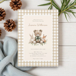 Rustic Beige Woodland Animals Baby Shower Gingham Invitation