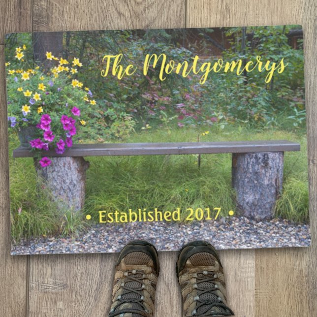 Rustic Bench Flower Pots Personalized Welcoming Doormat (Creator Uploaded)